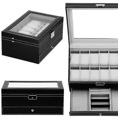 Škatla za uro 30x20x13 cm, črno-sivo ohišje z 12 predelki iz eko usnja.