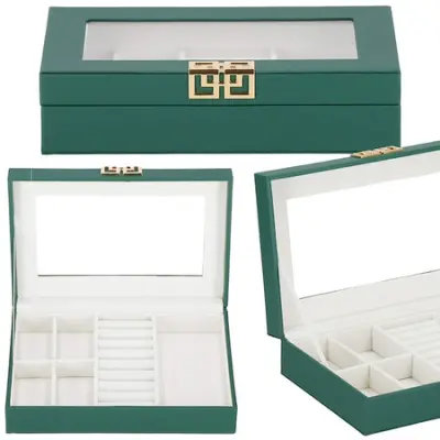 Škatla za nakit 23,5x14x5,5 cm, zelen organizator s predali iz eko usnja.