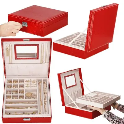 Szkatułka za nakit iz eko usnja 26x26x8,5 cm, rdeč etui s prekati.
