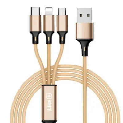 iLike CCI02 Pletena žica Vzdržljiv kabel USB 3v1 Set USB na Micro USB / Lightning / Type-C 1 m zlata