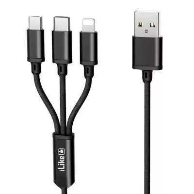 iLike CCI02 Braided Wire Durable USB 3in1 Cable Set USB to Micro USB / Lightning / Type-C 1m Black