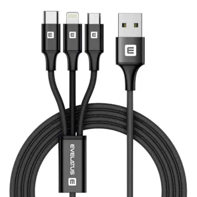 Evelatus LTM01 najlonski pleten podatkovni in polnilni kabel 3v1 Ligtning Type-C Micro 1m USB črn