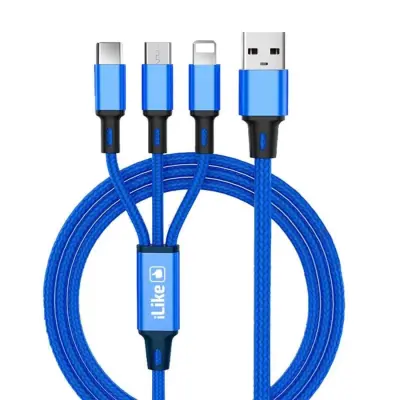 iLike CCI02BE Pletena žica Vzdržljiv kabel USB 3v1 Set USB na Micro USB / Lightning / Type-C 1 m modra