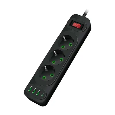 Riff F23U 3 priključki + 3 USB + 1 USB-C / 2 m kabel in gumb za vklop bela