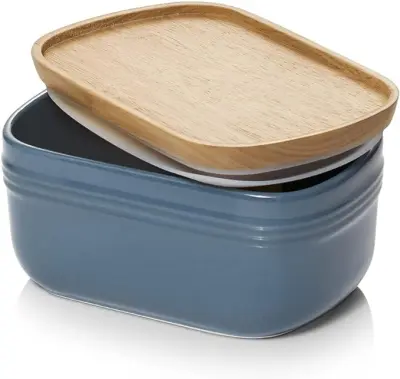 DOWAN ekstra velika keramična maslena skleda za pult ali hladilnik, hermetična posoda s lesenim pokrovom, dekoracija in dodatki za kmečko kuhinjo, pri