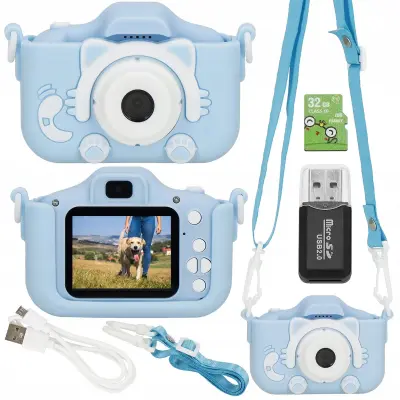 DIGITALNI FOTOAPARAT ZA OTROKE Fotografski 40Mpx 3 igrice MODRA MAČKA+KARTICA 32