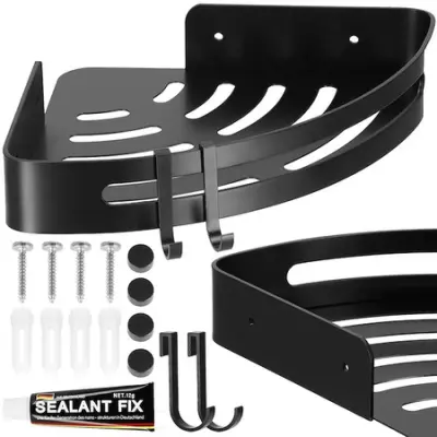 Samolepilna kotna kopalniška polica za tuš kabino 30x22,5 cm, aluminij, loft črne barve.