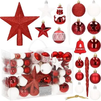 SPRINGOS božične kroglice 104 kosov vklj. rdeč bel snežak zvezda konica okraski okraski za božično drevo