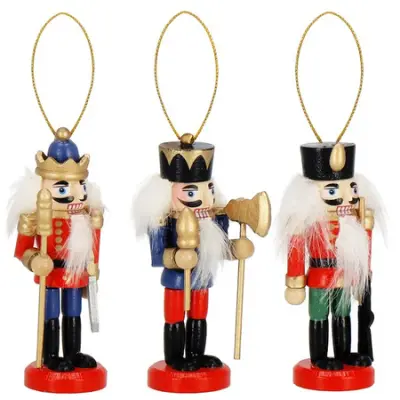 Božični obeski, 3 kosi, hrestač, leseni okraski za jelko 
  
 Adornos navideños de madera en forma de 3 colgantes del Cascanueces.
