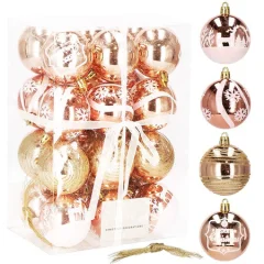 SPRINGOS Rose Gold plastične božične kroglice 24 kosov. 6 cm okraski za božično drevo 4 modeli božičnih okraskov za jelko
