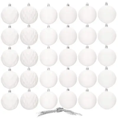 SPRINGOS Plastične krogle za božično drevo 30 kosov Set kroglic za božično drevo Premer 8 cm Bela dekoracija za božično zabavo Poroke
