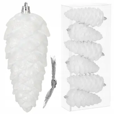 BOŽIČNE KROGE, STOŽCI, KOMPLET 6 VELIKIH NEzlomljivih obeskov, BELE 14cm