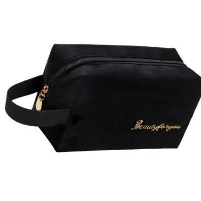 Žametna torbica za ličila, potovalna kozmetična torbica z zadrgo Black