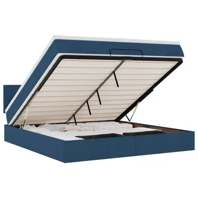 vidaXL Otomanska postelja z vzmetnico & LEDs modra 180x200 cm blago