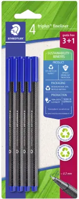STAEDTLER Fineliner triplus, modra, pretisni omot po 4 kosi (3+1 GRATIS)