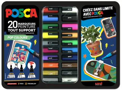 Pigmentni markerji POSCA, POP COLORS, kovinska škatla 20 kom