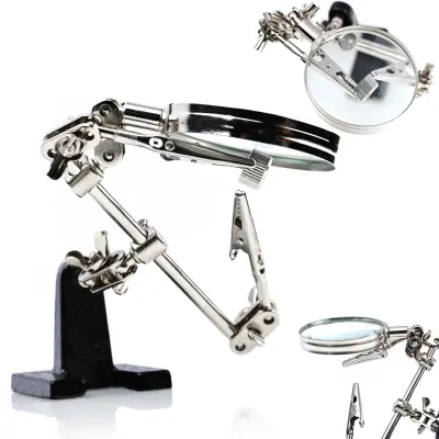 Rosfix Tretja Roka z Lupo – Nosilec za Spajkanje, Povečava x2,5, Premer 65 mm | Kovinska Osnova, Krokodilčki