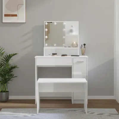 The Living Store Komplet toaletnih mizic z LED lučkami bel visok sijaj - Komplet LED Toaletnih Mizic