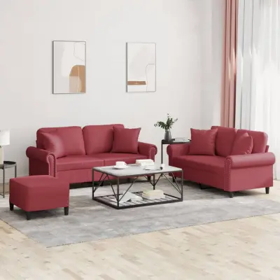 The Living Store Sedežna garnitura z vzglavniki 3-delna vinsko rdeče um. usnje - Sedežna Garnitura