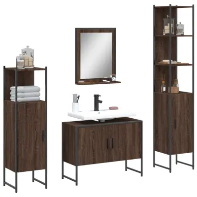 The Living Store Komplet kopalniških omaric 4-delni rjavi hrast inženirski les - Komplet Kopalniškega Pohištva