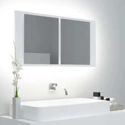 The Living Store LED kopalniška omarica z ogledalom bela 90x12x45 cm akril - LED Omarica Z Ogledalom