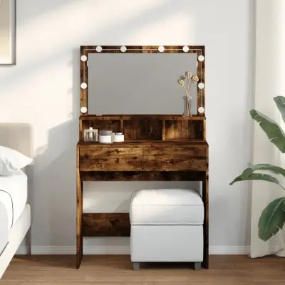 The Living Store Toaletna mizica z LED lučkami dimljen hrast 80x41x134,5 cm - Toaletna Mizica