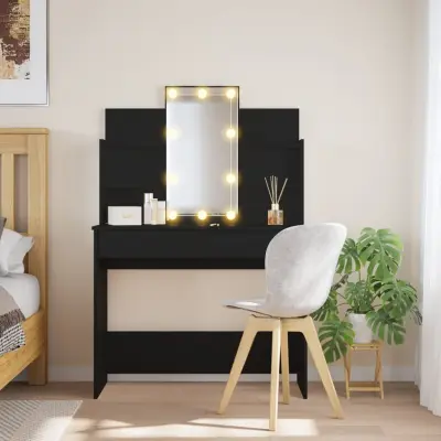 The Living Store Toaletna mizica z LED lučkami črna 96x40x142 cm - Toaletna Mizica