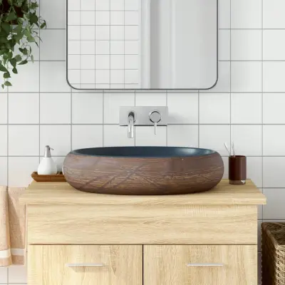 The Living Store Nadpultni umivalnik rjav in moder ovalen 59x40x15 cm keramika - Nadpultni Umivalnik