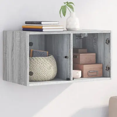 The Living Store Stenska omarica s steklenimi vrati siva sonoma 68,5x37x35 cm - Stenska Omarica