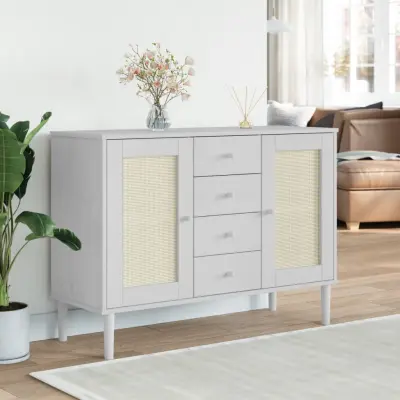 The Living Store Komoda SENJA videz ratana bela 112x40x80 cm trdna borovina - Komoda
