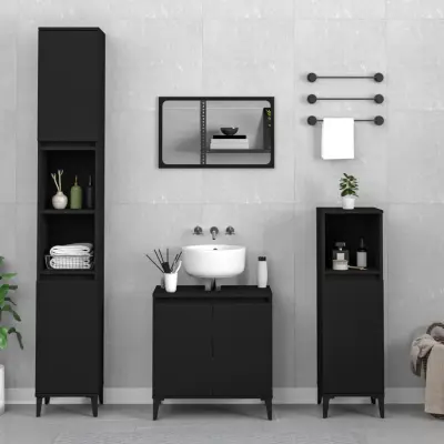 The Living Store Kopalniško pohištvo 3 kosi črne barve inženirski les - Komplet Kopalniškega Pohištva
