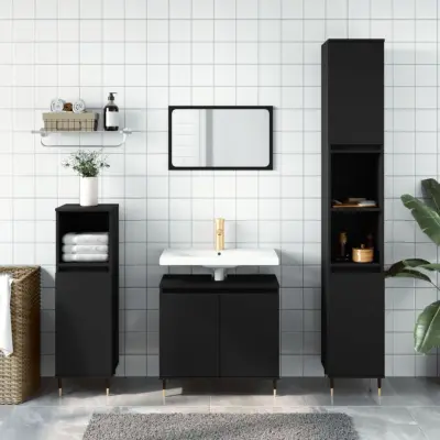 The Living Store Komplet kopalniških omaric 3-delni črn inženirski les - Komplet Kopalniškega Pohištva