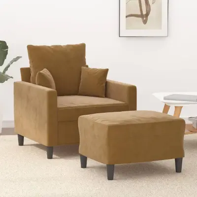 The Living Store Fotelj s stolčkom za noge rjav 60 cm žamet - Kavč S Stolčkom Za Noge