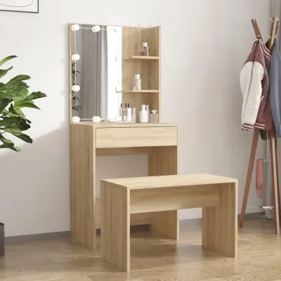 The Living Store Komplet toaletnih mizic z LED lučkami sonoma hrast konstr. les - Komplet LED Toaletnih Mizic