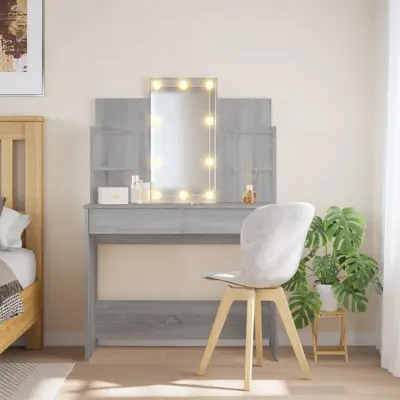 The Living Store Toaletna mizica z LED lučkami siva sonoma 96x40x142 cm - Toaletna Mizica