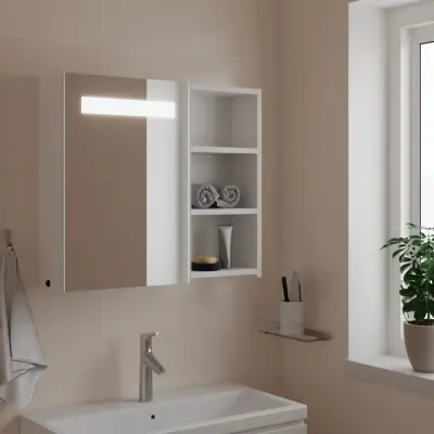 The Living Store Kopalniška omarica z ogledalom z LED lučko bela 60x13x52 cm - Kopalniška Omarica Z Ogledalom