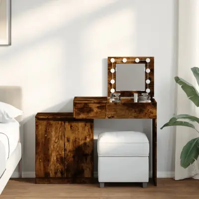 The Living Store Toaletna mizica z LED lučkami dimljen hrast 115x37x110,5 cm - Toaletna Mizica