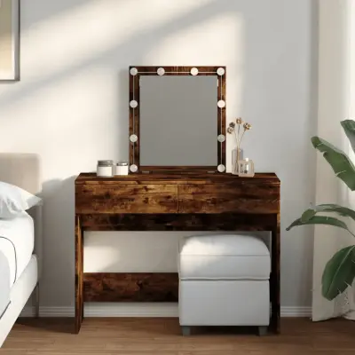 The Living Store Toaletna mizica z LED lučkami dimljen hrast 100x40x130 cm - Toaletna Mizica