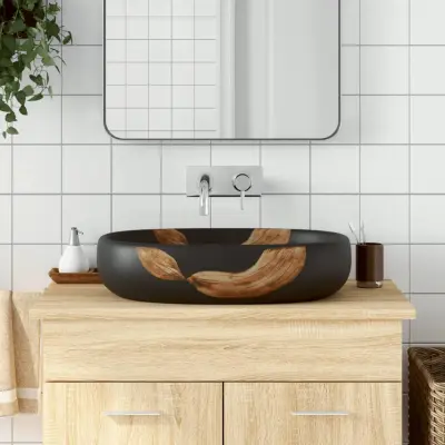 The Living Store Nadpultni umivalnik črn ovalen 59x40x14 cm keramika - Nadpultni Umivalnik