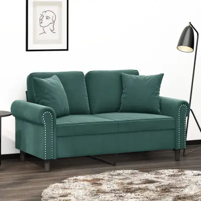 The Living Store Kavč dvosed z okrasnimi blazinami temno zelen 120 cm žamet - Dvosed