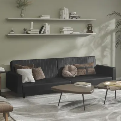 The Living Store Kavč dvosed z ležiščem črno umetno usnje - Raztegljiv Kavč