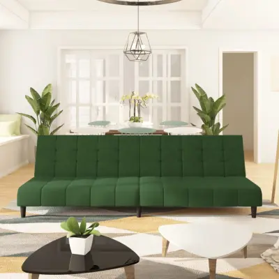 The Living Store Kavč dvosed z ležiščem temno zelen žamet - Raztegljiv Kavč