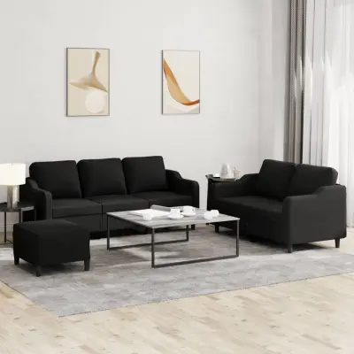 The Living Store Sedežna garnitura z blazinami 3-delna črno blago - Sedežna Garnitura