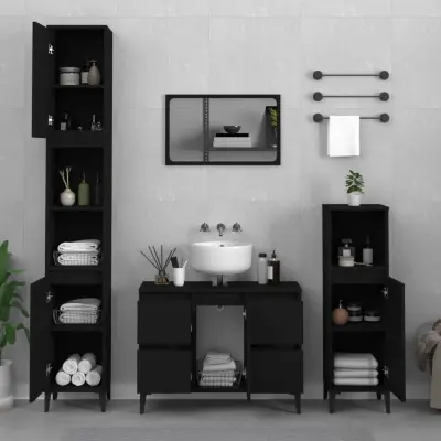 The Living Store Kopalniško pohištvo 3 kosi črne barve inženirski les - Komplet Kopalniškega Pohištva
