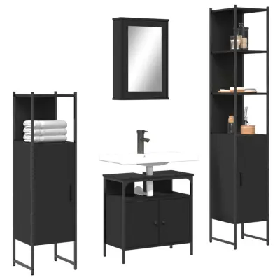The Living Store Kopalniško pohištvo 4 kosi črne barve inženirski les - Komplet Kopalniškega Pohištva