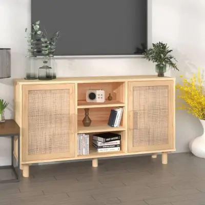 The Living Store Komoda rjava 105x30x60 cm trdna borovina in naravni ratan - Komoda