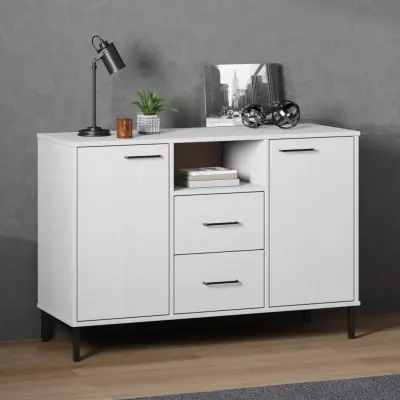 The Living Store Komoda s kovinskimi nogami bela 113x40x77 cm trden les OSLO - Komoda