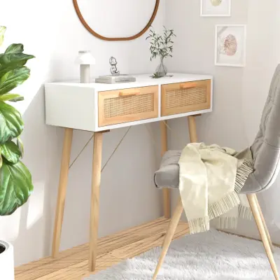 The Living Store Konzolna mizica bela 80x30x75cm trdna borovina in naravni ratan - Konzolna Mizica