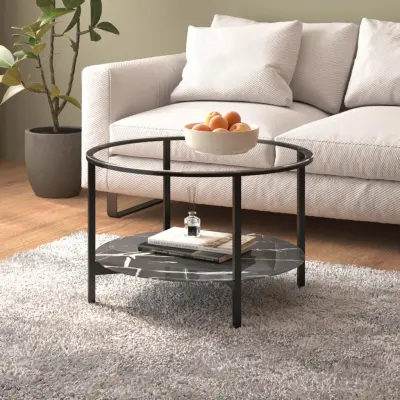 The Living Store Čajna mizica črna in črn marmor 70 cm kaljeno steklo - Čajna Mizica