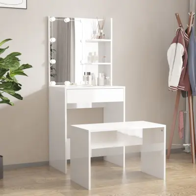 The Living Store Komplet toaletnih mizic z LED lučkami bel visok sijaj - Komplet LED Toaletnih Mizic